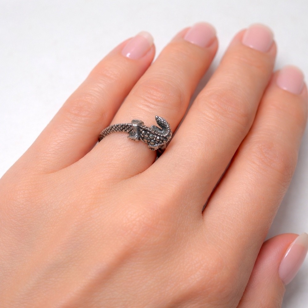 Vintage Sterling Silver Marcasite Gecko Lizard Ring Sz 5